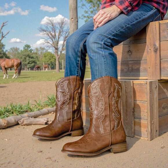 Unisex Child Brown Mid Calf Glitter Toddler Cowboy Boot Little Big Kids Western - Picture 5 of 8